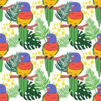 Seamless textile trendy pattern with exotic birds on a branch in tropical nature in exotic with tropical abstract painting .Hand drawn illustration for fabric , paper and web design . vector