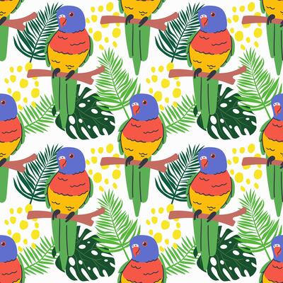 Seamless textile trendy pattern with exotic birds on a branch in tropical nature in exotic with tropical abstract painting .Hand drawn illustration for fabric , paper and web design .