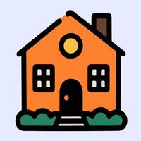 Orange and black house icon with big square windows, cartoon roof, and front path, designed for bold flat design and housing illustration use. vector