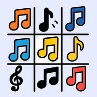 Grid of colorful musical note icon image with black background, great for design and user interface. vector