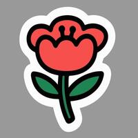 Red tulip-like flower icon with green leaves and black outline, minimal cartoon design style. vector