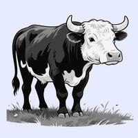 Stylized cow with smooth black and white pattern, bold outline, standing pose, simplified shape, and calm expression on pastel blue background. vector