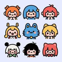 Girl characters with animal ears cute icon collection in vibrant kawaii style with fun expressions. vector