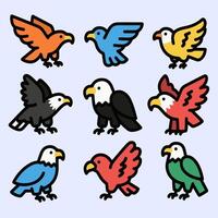 Colorful eagle icon with wings open and perched poses showing diverse feathers and fierce expression. vector