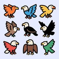 Flying and perched eagle icon in cartoon style with multiple color variations and strong pose display. vector