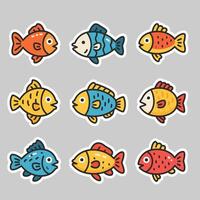Cute doodle style fish icon set in warm tones with fun expressions and soft gray background layout. vector