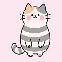 Adorable Cartoon Striped Cat Illustration with Pink Cheeks on Pastel Background vector