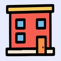 Red-orange house icon with large square windows and flat roof, bold outline and simplified design perfect for modern urban housing symbols. vector