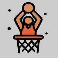 Basketball slam dunk icon showing player scoring point in cartoon dynamic artwork vector