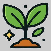 Two sprouting green leaves icon on brown soil, representing planting, growth, and eco-friendly habits. vector