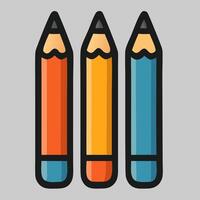 Three vertical pencil icon in orange, red, blue with simple shape, ideal for school and design content vector