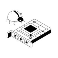 A trendy isometric icon showing corrupted card bug. vector