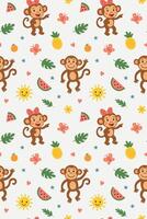 Seamless pattern with monkeys, butterflies, sun, watermelon, flowers and leaves on white, background. Seamless pattern for kids vector