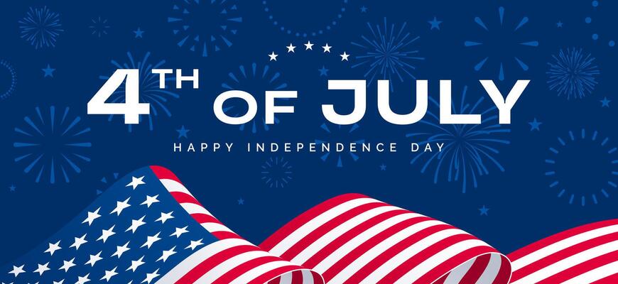 4th July banner, Fourth of July card, USA flag and fireworks