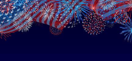4th of July background, USA flag, fireworks and copy space vector