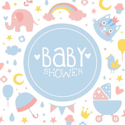 Baby Shower Banner, Light Pink and Blue Invitation Card Template with Cute Childish Seamless Pattern Cartoon Illustration