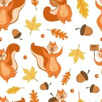Autumn Seamless Pattern with Cute Squirrel, Colorful Leaves and Acorns, Design Element Can Be Used for Fabric, Packaging, Background Illustration vector