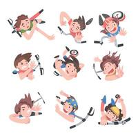 Children Falling Down from Kick Scooters Set, View from Above, Traumatic Accidents, Health Risk Cartoon Style Illustration vector