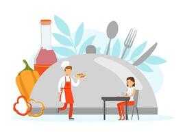 Restaurant Stuff Serving Client, Tiny Chef Character in Uniform and Cap Illustration vector