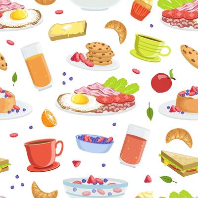 Breakfast Food Seamless Pattern, Tasty Morning Meal Dishes Design Element Can Be Used for Website, Cooking Book, Restaurant Menu, Wrapping Paper Illustration