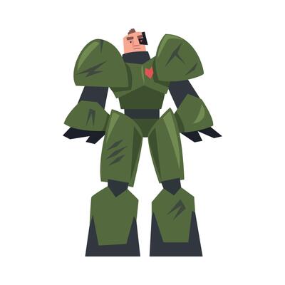 Man in Green Robot Costume, Carnival Party or Masquerade Concept, Game Design Element Cartoon Style Illustration