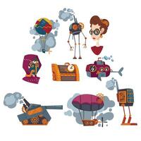 Steampunk Design Elements Set, Mechanical Engineering Devices and Portraits of People, Antique Mechanical Device or Mechanism, Stylized Cartoon Style Illustration vector