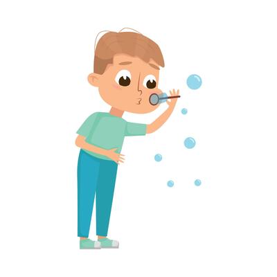 Cute Boy Blowing Soap Bubbles Through Wand, Adorable Little Kid Playing with Soap Bubbles Cartoon Style Illustration