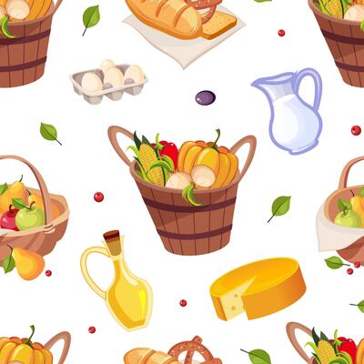 Farmers Products Seamless Pattern, Fruits, Vegetables, Bakery and Dairy Products Backdrop, Wallpaper, Packaging, Textile Design Cartoon Illustration
