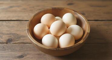 A wooden bowl filled with natural organic eggs rests on a rustic table surface - Generated using AI photo