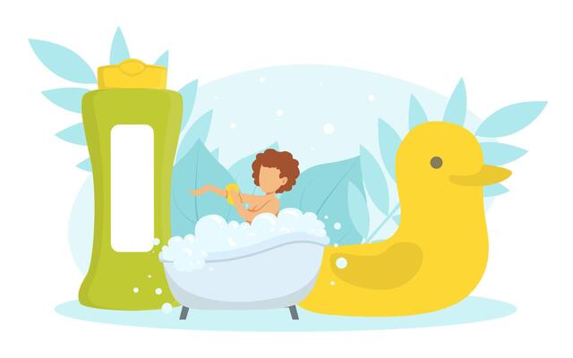 Tiny Young Woman Lying in Bathtub Full of Soap Foam, Huge Rubber Duck Toy and Shampoo Bottle, Bath Time Concept Cartoon Style Illustration