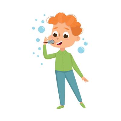 Cute Redhead Boy Blowing Soap Bubbles Through Wand, Little Boy Playing with Soap Bubbles, Kids Leisure, Outdoor Hobby Game Cartoon Style Illustration