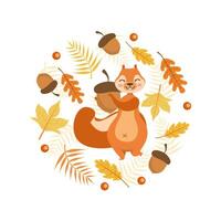 Autumn Symbols of Round Shape, Cute Squirrel with Acorn Surrounded with Colorful Leaves Illustration vector