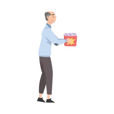 Elderly Man Going to Launch Fireworks, Person Celebrating Holidays and Watching Firework Explosion Cartoon Style Illustration