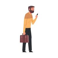 Bearded Man Standing with Briefcase and Smartphone, Tourist Calling Taxi Car or Using Mobile Taxi Call Application Illustration vector