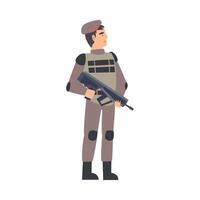 Army Soldier with Assault Rifle, Military Man Character in Combat Uniform and Bulletproof Vest Cartoon Style Illustration vector