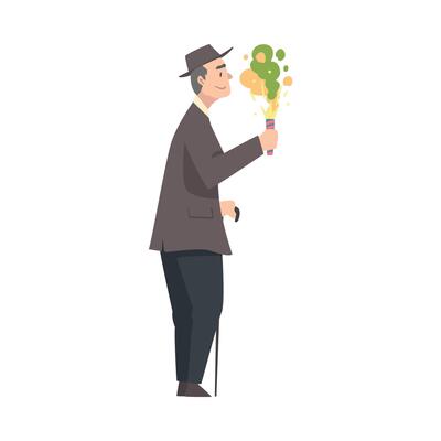 Elderly Man Holding Lighting Rocket, Person Celebrating Holidays and Watching Firework Explosion Cartoon Style Illustration