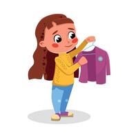 Cute Girl Hanging Clothes on Hangers, Kids Good Behavior and Habits Cartoon Style Illustration vector
