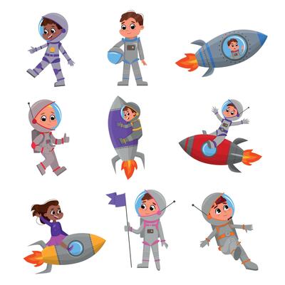 Cute Happy Kid Astronauts in Outer Space Suits Set, Little Boys and Girls Playing Astronauts Cartoon Style Illustration