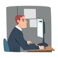 Young Man Working on Computer in Office, Businessman or Office Worker Daily Routine Cartoon Style Illustration vector