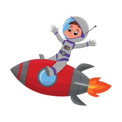 Cute Happy Kid Astronaut Character in Space Suit Riding Rocket, Boy Dreaming of Becoming an Astronaut Cartoon Style Illustration