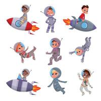 Cute Kid Astronauts Set, Children in Outer Space Suits Riding Spaceships, Space Tourists Characters Cartoon Style Illustration vector