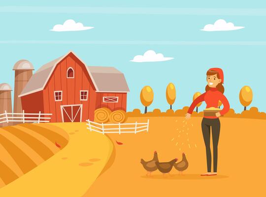 Woman Farmer Feeding Hen Chickens with Grain, Agricultural Industry, Healthy Food Production Illustration