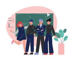 Group of Students Standing Together in Front of Blackboard, Teenagers Standing Posing Looking at Viewer at Classroom Illustration vector