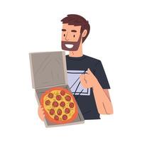 Man Holding Opened Cardboard Box with Freshly Prepared Pizza, Food Express Delivery Service Cartoon Style Illustration vector