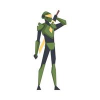Robotic Man in Green Costume with Sword, Cyborg Character, Carnival Party, Masquerade or Online Game Design Element Cartoon Style Illustration vector