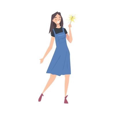 Smiling Young Woman Holding Burning Sparkler, Girl Celebrating Holidays Cartoon Style Illustration