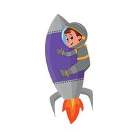 Cute Happy Kid Astronaut Character in Outer Space Suit Riding Rocket, Little Boy Dreaming of Becoming an Astronaut Cartoon Style Illustration vector