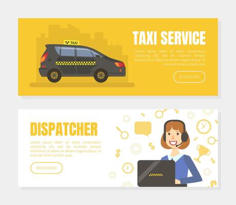 Taxi Service and Dispatcher Landing Pages Set , Mobile City Public Transportation Service Illustration