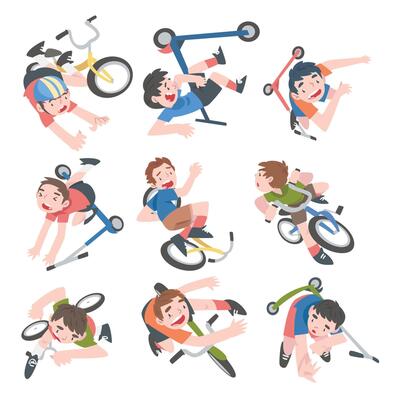 Kids Falling Down from Bikes Set, Traumatic Situations, Health Risk, Pain, Injury Cartoon Style Illustration