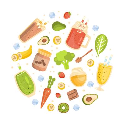 Smoothies Banner Template, Healthy Vitamin Drinks and Ingredients of Round Shape, Tasty Natural Detox Cocktail Cartoon Illustration